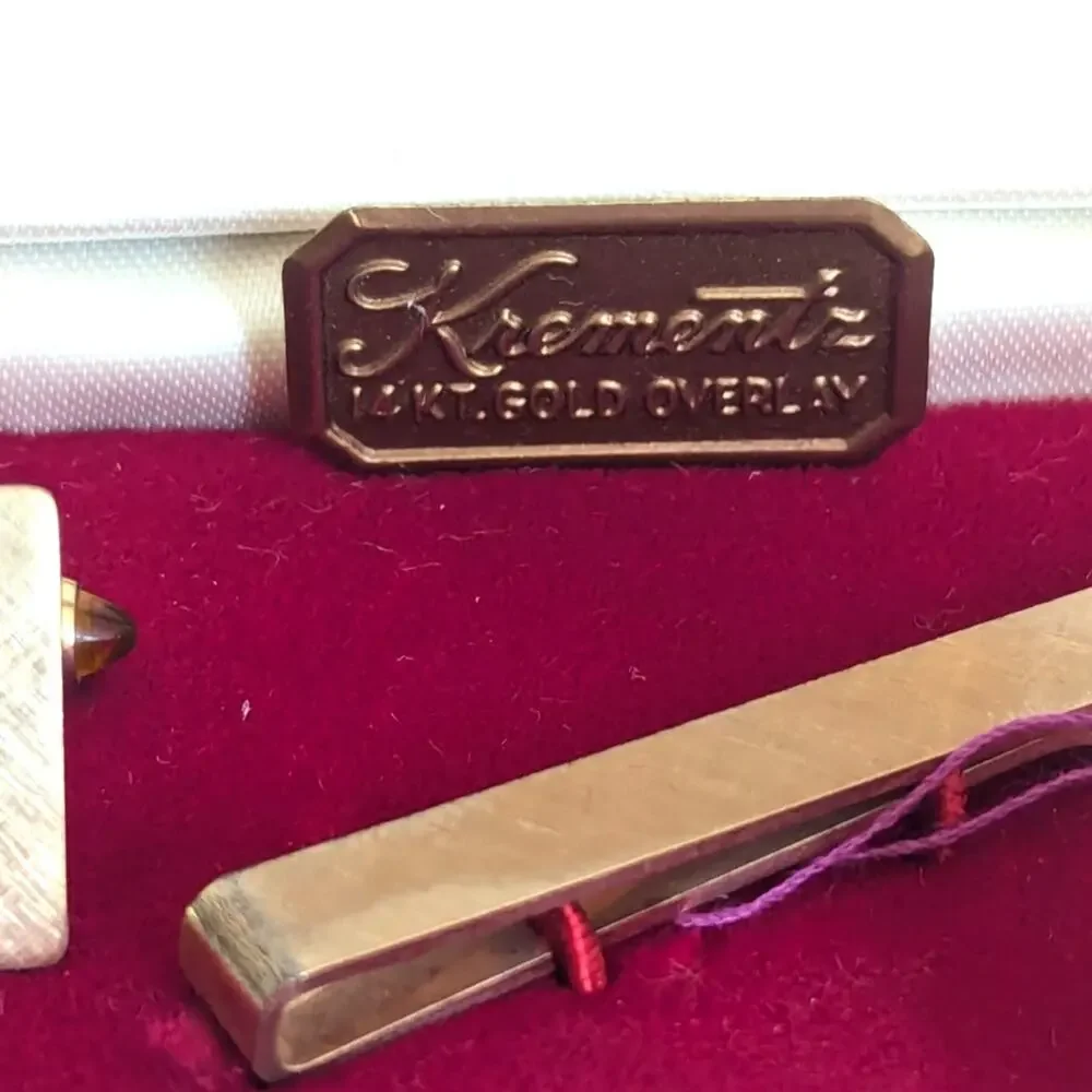 Vintage Estate Krementz Brushed 14k Gold Overlay Plated Tie Clasp Cufflinks Set